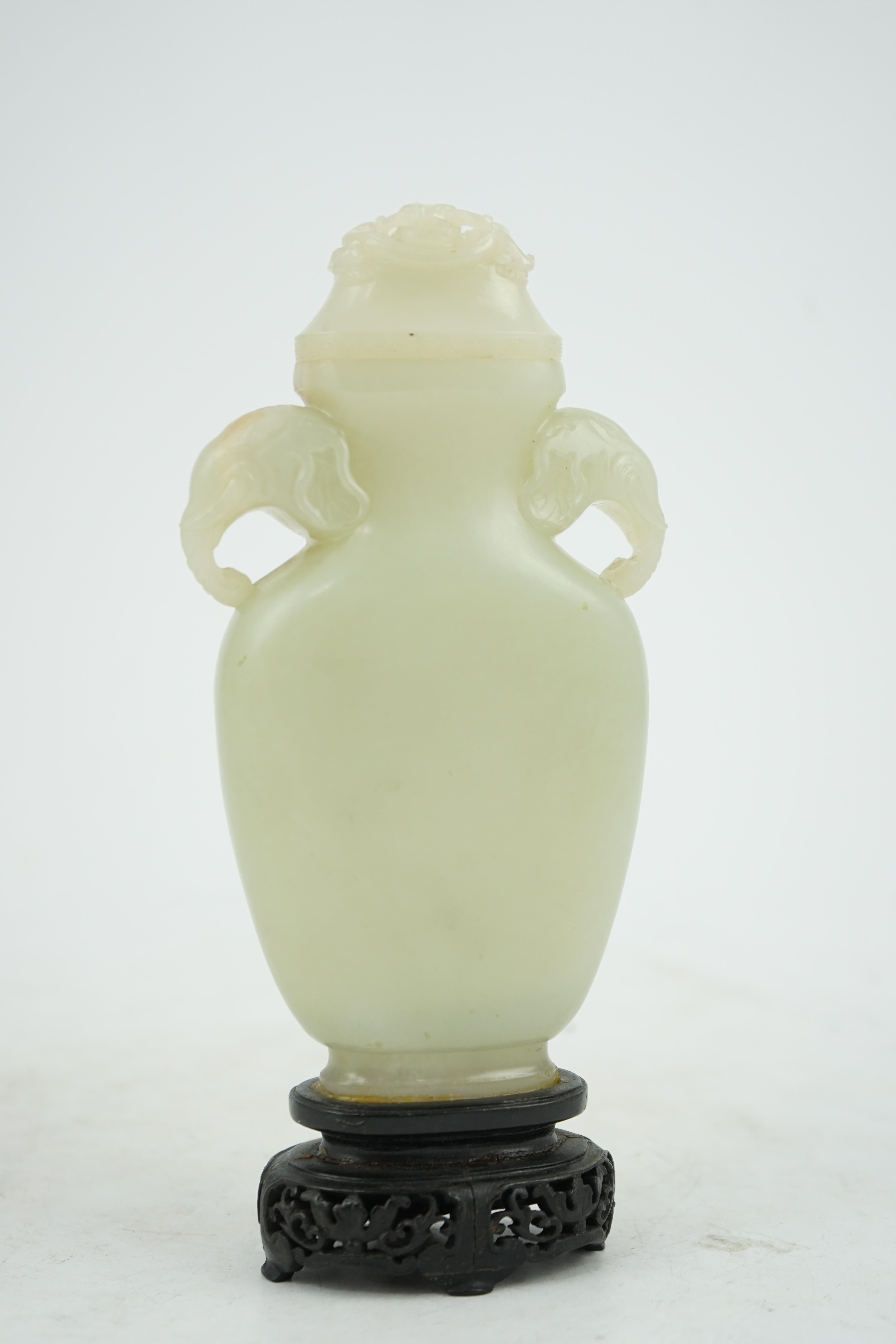 A Chinese pale celadon jade flask-form vase and cover, Qianlong/Jiaqing period, c.1780-1820